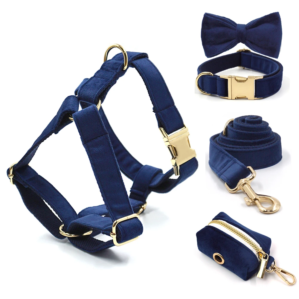 Deep Blue Velvet Personalized Dog Harness Luxury Designer Dog Collar ... product image