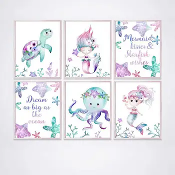 

Mermaid Canvas Posters Nursery Wall Art Print Watercolor Sea Animals Starfish Turtle Octopus Painting Girls Room Wall Art Decor