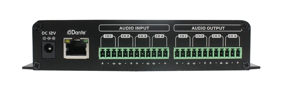 Dante аудио IP сети мини 4 в 4 out конвертер/передатчик с винтами регулировки громкости, поддерживает POE или 12 В DC источник питания