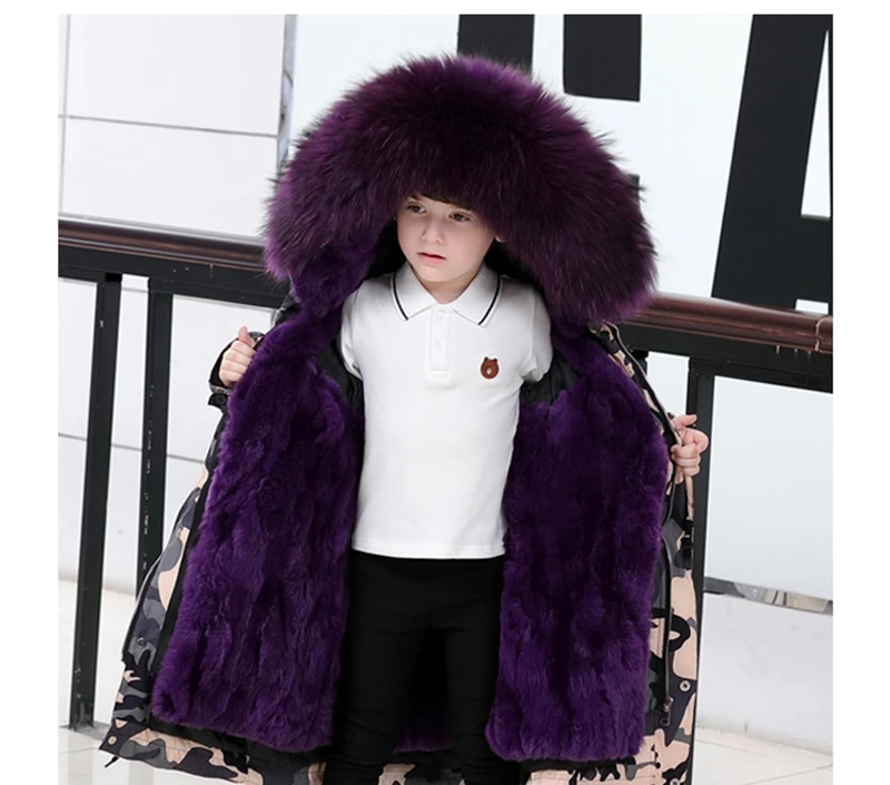 Детское пальто с натуральным мехом камуфляжная длинная куртка с натуральным кроличьим мехом внутри для девочек зимняя парка для мальчиков TZ14