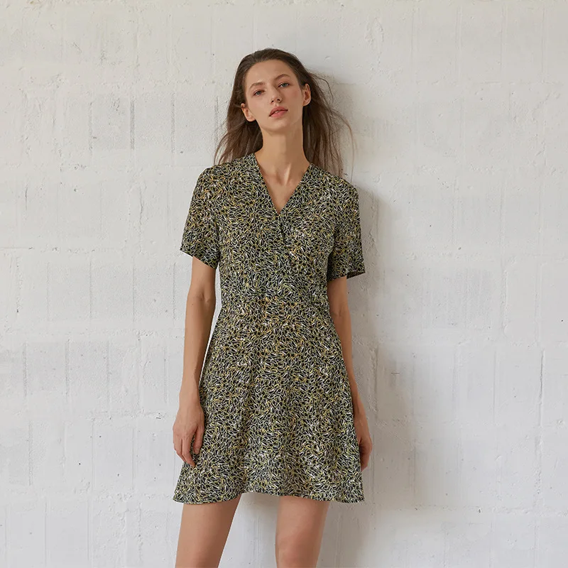 

silk dresses women natural 2020 spring summer grey yellow crepe floral casual sexy dress elastic slim plus size high quality