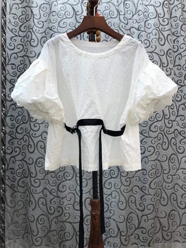 

2020 Spring and Summer New Women's round Neck Buckle Belt Waist Hugging Decoration Short Sleeve All-match Top 527