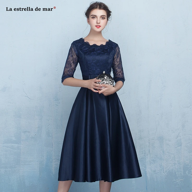 

Vestidos fiesta boda new Scoop neck lace satin half sleeve A Line Navy blue bridesmaid dress Tea Lengthsuknie na wesele Plus