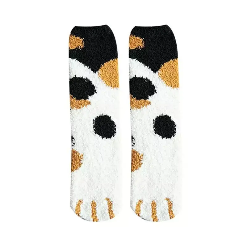 Женские зимние пушистые теплые носки-тапочки; милые чулочно-носочные изделия с принтом в виде кошачьих лап - Цвет: 3