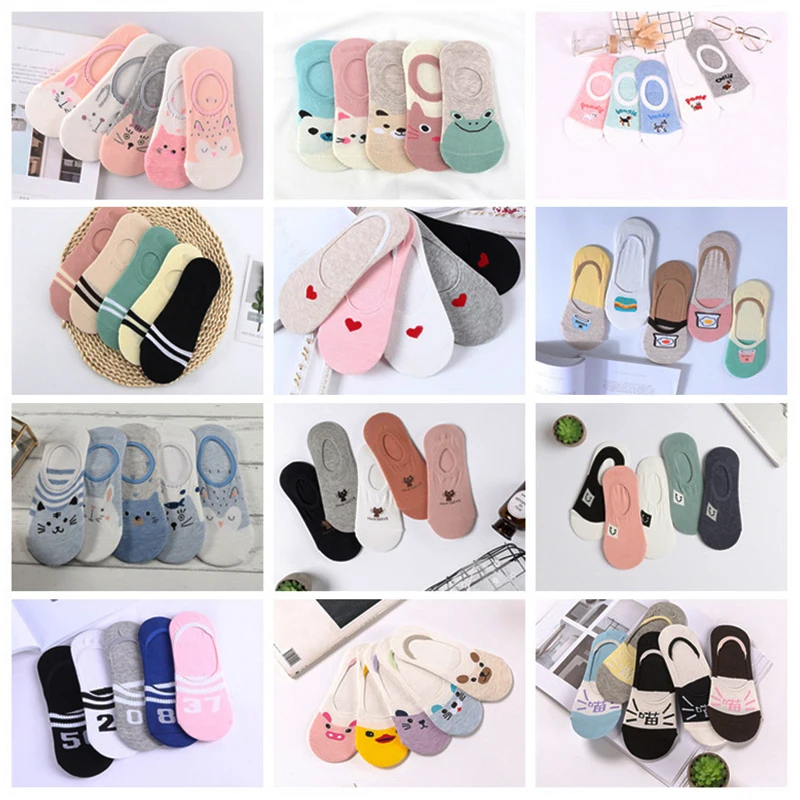 Модные Kawaii невидимые носки для женщин, 5 пар, носки по щиколотку для девочек, хлопковые цветные новые женские модные милые повседневные забавные носки с сердечками