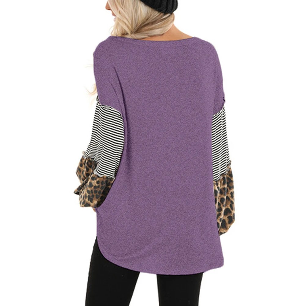 Kureas Women's T Shirt Long Puff Sleeve Casual T-Shirts Fashion Leopard Striped Patchwork Knitted Female Tops Autumn Winter