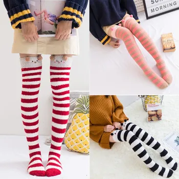 

1Pair Harajuku Sweet Girls Thigh High Socks Cute Animal Striped Print Fleece Over Knee Socks Long Winter Warm Stockings Female
