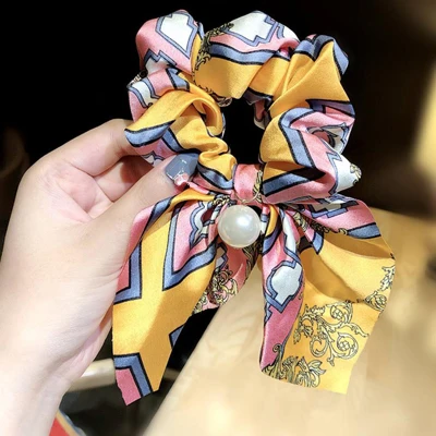 Geometric yellow Модная простая повязка для волос с принтом жемчуга Ins, Модные Полосатые аксессуары для волос с заячьими ушками в горошек, резинки для волос для женщин и девочек - Цвет: Geometric yellow