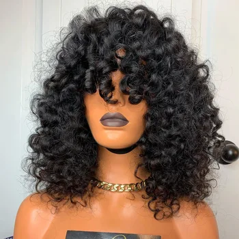 

Peruvian Silk Top Short Full Lace Human Hair Wigs with Bangs 180Density Glueless Silk Base 4x4 Lace Front Fringe Wigs for Women