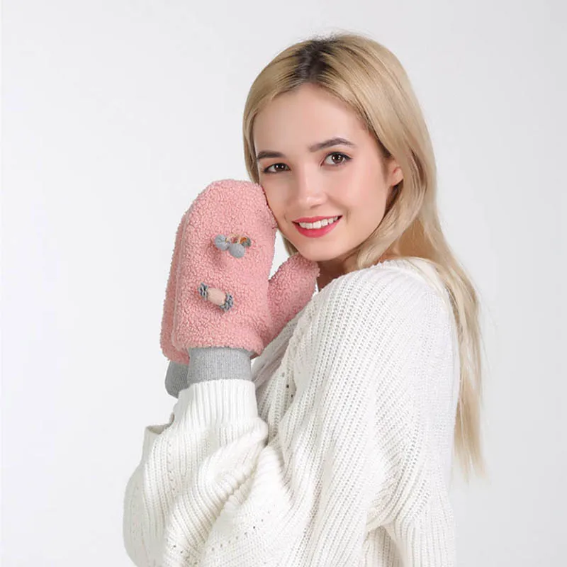 

2019 Winter Women Gloves Fingerless Plush Thick Warm Mittens with Cute Candy/Cherry Outdoor Soft Cotton Wrist Pink Female Gloves