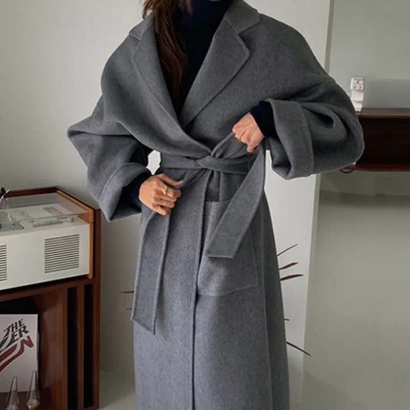 Winter Vintage Belt Wool Coat Woman Thicken Big Pocket Lace Up Oversized Long Jacket Female Autumn Kprean Street Gray Blends
