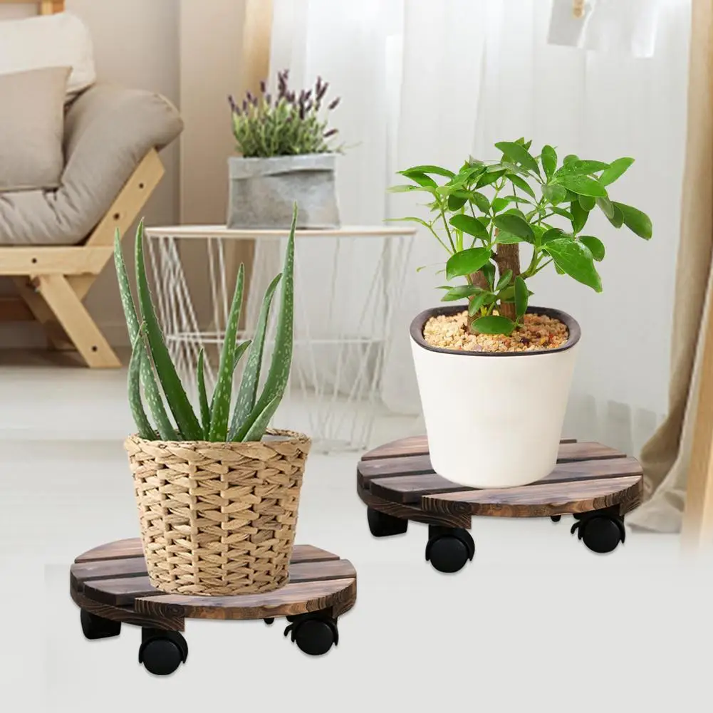 

25cm Round Flower Pot Stand Rolling Movable Wooden Plant Stand with Wheels