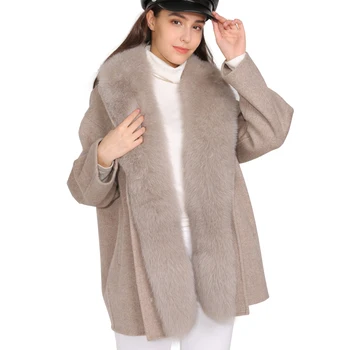 

2019 Wool Coat Women Winter Jacket Natural Fox Fur Collar Cashmere Wool Blends Outerwear Streetwear Ladies Cashmere Coat