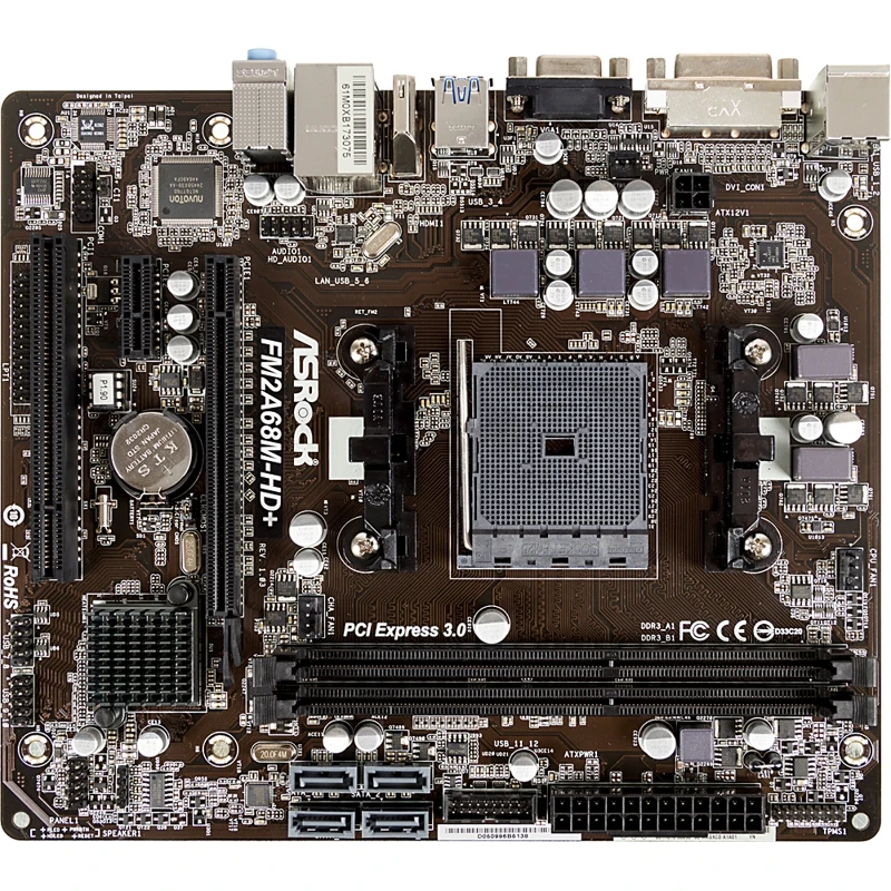 Материнская плата Asrock FM2A68M-HD+ Soc-FM2+ AMD A68H 2xDDR3 mATX AC`97 6ch(5.1) GbLAN RAID+VGA+DVI