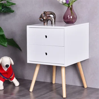 

White Side End Table Nightstand w/ 2 Drawers Engineering MDF Solid Oak Wood Structure Stylish and Modern Design Table HW54215