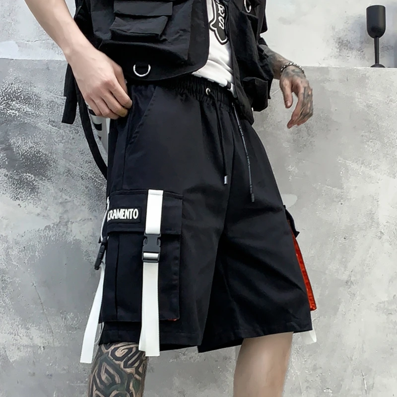 

Mens Shorts Loose Summer Cargo Jogger Streetwear Hip Hop Punk Black Ribbons Sweatshorts