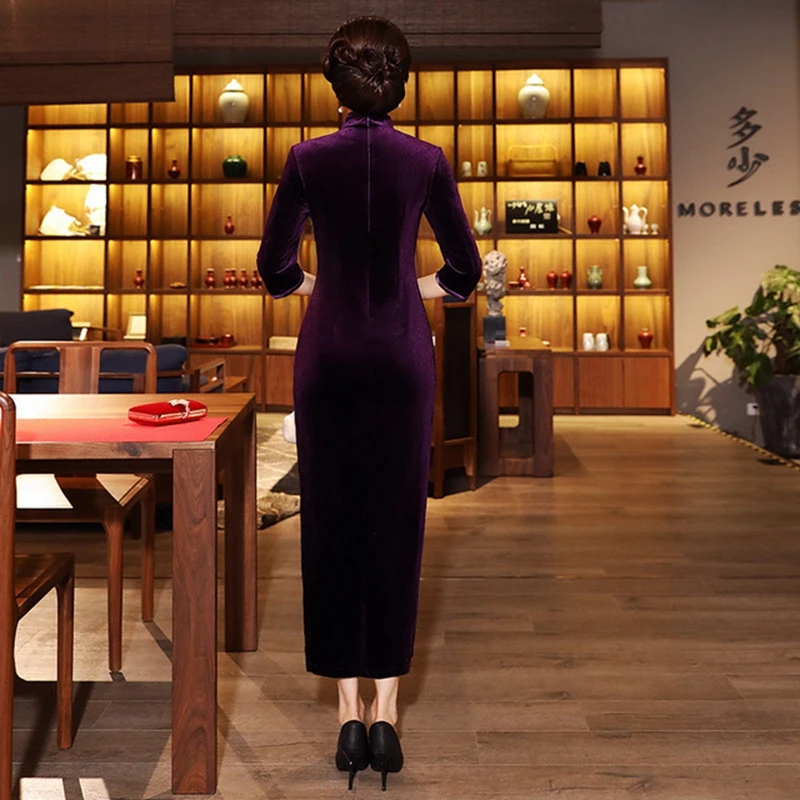 Золотой Бархат Ретро Улучшенный Qipao вышивка длинный абзац большой размер Подиум Тан костюм высокого класса cheongsam костюмы