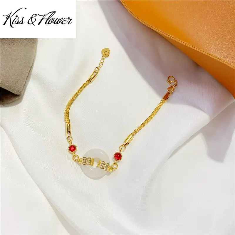 

KISS&FLOWER BR273 Fine Jewelry Wholesale Fashion Woman Girl Bride Birthday Wedding Gift Vintage Round Jade 24KT Gold Bracelet