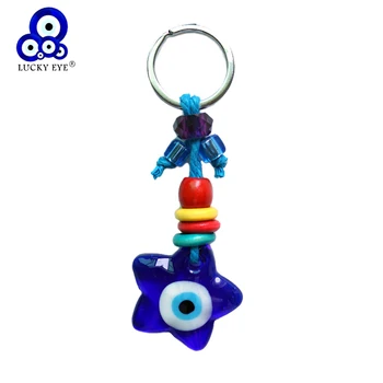 

Lucky Eye Glass Star Pendant Blue Evil Eye Keychain Silver Color Ring Car Keyring Key Chain Fashion Jewelry for Women Men LE291