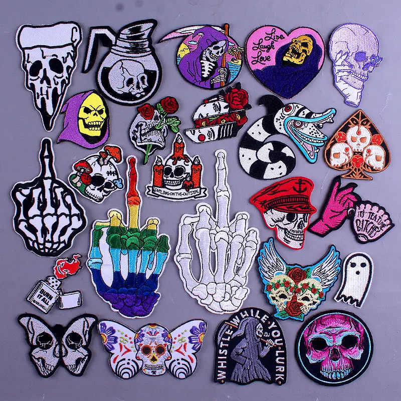 

Punk Skull Badges On Jackets Clothing Patches Hippie Finger Butterfly Skull Appliques Iron On Embroidered Biker Patch Stickers