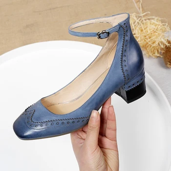 

Brand genuine leather women high heel shoes square heels square toe sexy ladies office formal ankle buckle shoes girls