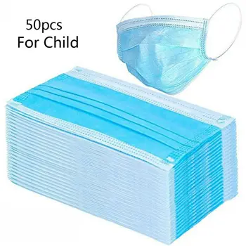 

50Pcs Child Size Anti-dust Safe Breathable 3-Layer Mouth Mask Disposable Ear loop Face Hypoallergenic Mouth Mask Blue