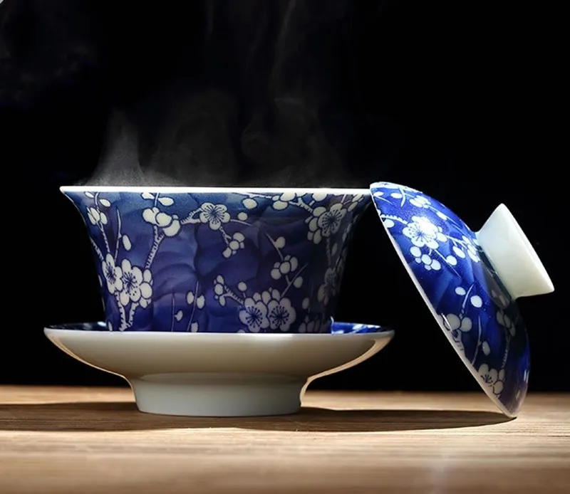 Винтажная фарфоровая чайная чаша Gaiwan с цветами голубой и белой сливы, кофейная чаша, посуда для напитков, черный чай, кофе