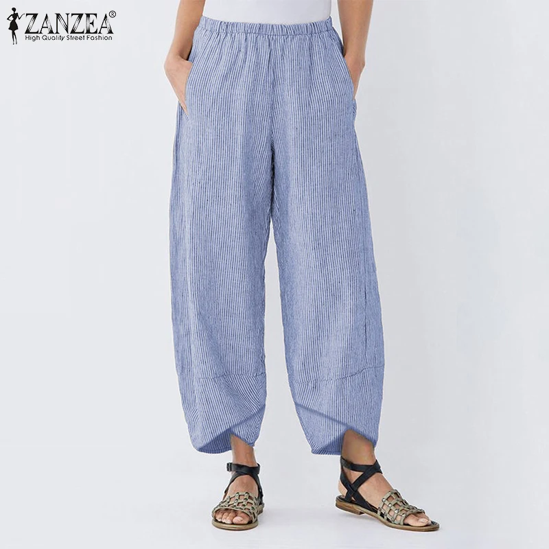 

Fashion ZANZEA Women Striped Wide Leg Pants Ladies Casual Trousers Loose Cotton Linen Elastic Waist Pockets Streetwear Plus Size