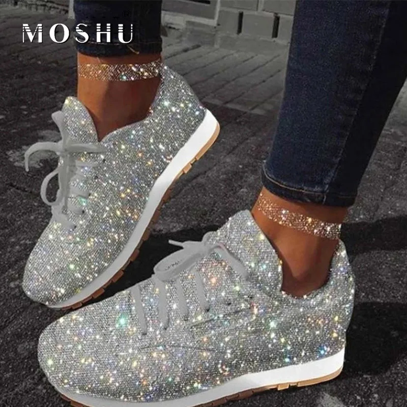 Cena 2020 jesień kobiet płaskie buty Bling wulkanizowane trampki kobiece obuwie siatki zasznurować panie platformy mody trampki 43