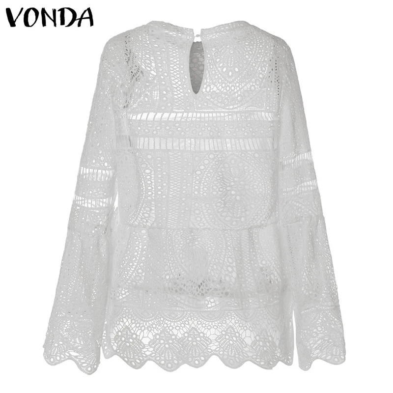 VONDA 2019 Women Sexy Lace Tunic Hollow Top Blouse Casual Long Sleeve Irregular Hem Patry Blusas Be