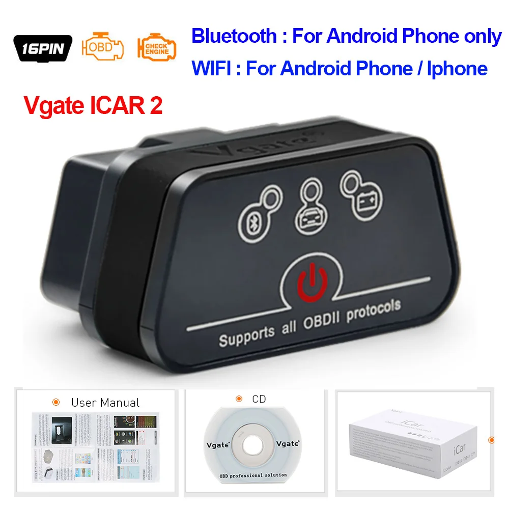 car battery charger Vgate iCar2 obd2 bluetooth scanner ELM327 V2.2 obd 2 wifi icar 2 car tools elm 327 for android/PC/IOS code reader free shipping auto inspection equipment Code Readers & Scanning Tools