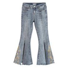 Сезон лето-весна; женские Стрейчевые джинсовые брюки со стразами и вышивкой; женские джинсы длиной до щиколотки