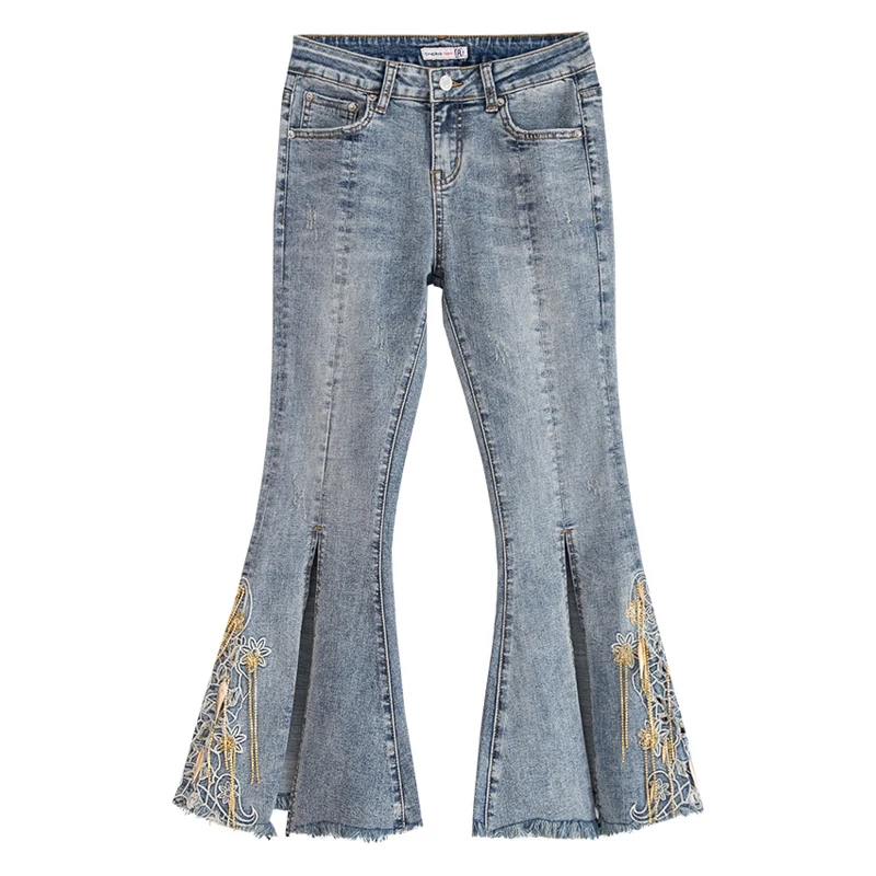 

Summer Spring Women Stretch Embroidery Placket Rhinestone Chain Flare Denim Trousers , Woman Female Ankle Length Jeans Pants