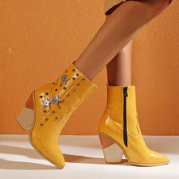 

2020 Women Warm Fur Ankle Cowboy Boots White Yellow Wedges 10cm High Heels Boots Crystal Rivet Plus Size Botas Mujer Invierno