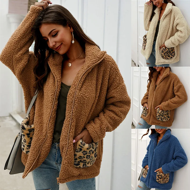 

Casual Winter Coat Women Warm Solid Color Teddy Coats and Jackets Fashion New Zipper Leopard Pocket Outerwear 2019 Promotion