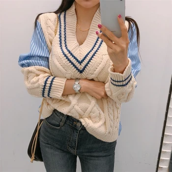 

2020 Autumn Winter Women's Sweaters Patchwork Srtiped V-Neck pullover Stylish Knitted Korean Female Jumpers