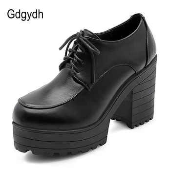 

Gdgydh Lace Up Chunky Shoes Platform Women Black Leather Spring Office Lady Pumps Woman High Heels Comfortable Large Size Cheap