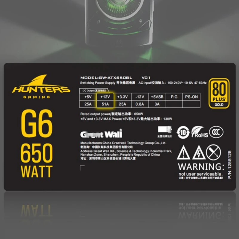 PSU для Great Wall полный модуль 80plus Gold ATX 12 В игра источник питания Номинальная 650 Вт Пиковая 750 Вт источник питания G6 GW-ATX650BL