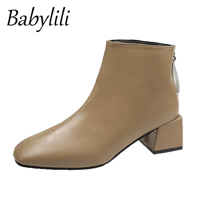 

Women Fur Boots Ankle 2020 Autumn Winter Square Head Thick Heel Zip Short Martin Boots Wild Snow Boots Chelsea Boots Solid