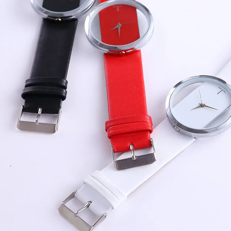 Women Leather Quartz Watch Transparent Hollow Watches Antique Stylish Men Quartz Wrist Watches 6