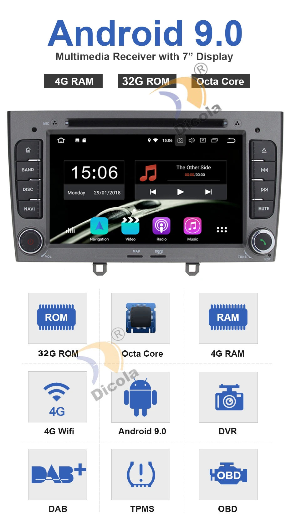 Discount 7" IPS Android 9 4G RAM Special Car DVD Stereo Navigation for Peugeot 408 & 308 with GPS RDS 4G SWC Rearview Free Map camera 3