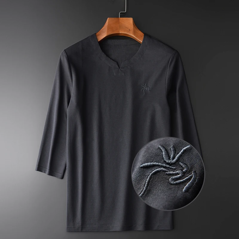 Minglu Мужская рубашка роскошный китайский стиль грудь вышивка мужские рубашки сплошной цвет три четверти рукав мужская рубашка плюс размер 4XL