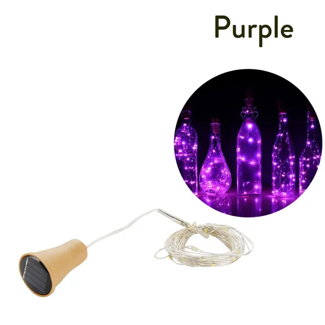 10LED 15LED 20LED Solar LED Cork Wine Bottle Stopper Copper Garland Wire Fairy String Light 1M/1.5M/2M Outdoor Party Decoration purple