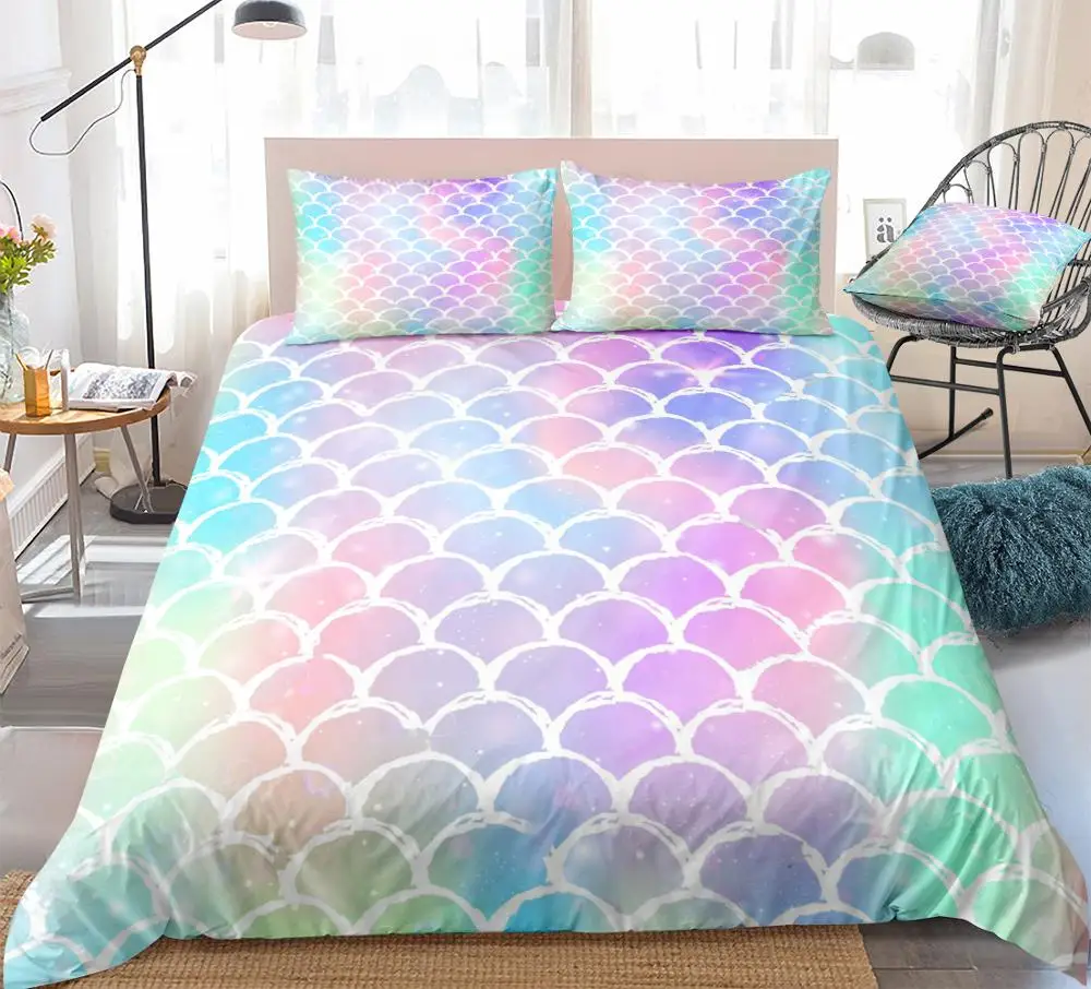 3pcs Fish Scales Bedding Colorful Mermaid Scale Bedding Rainbow Scales with Sparkles Stars Quilt Cover Queen