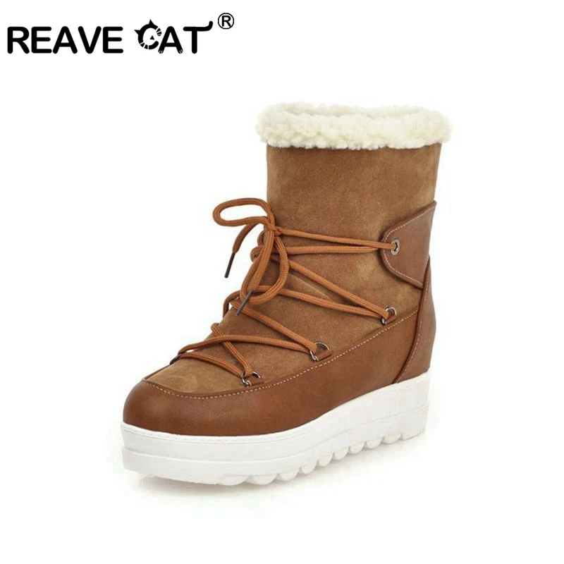 REAVE CAT/теплые зимние ботинки из флока на платформе с круглым носком, на мягкой плюшевой шнуровке, с перекрестной шнуровкой размеры 34-43, черный, бежевый, коричневый цвет, уличная женская обувь
