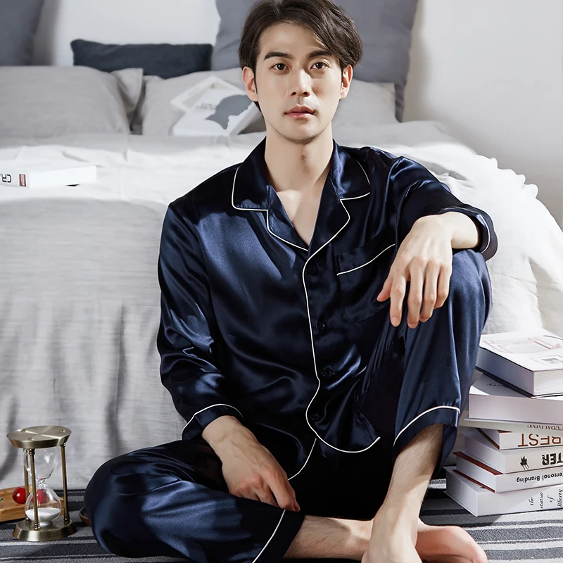 

100% Real Silk Pajamas Set For Men Spring Pijamas Homme 2Pieces Man Blue Long Sleeve Button-Down Home Clothes Sleepwear PJ Sets