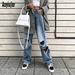 Auyiufar/осенние повседневные женские джинсы с высокой талией; модные уличные свободные длинные брюки; Новинка 2019 года; Прямые спортивные