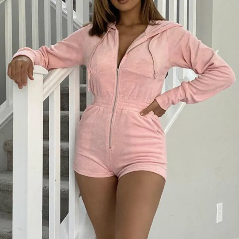 Conjunto de pelele informal para mujer, mono de manga larga con cordón y bolsillos laterales, monos cortos, monos con capucha de color sólido para Otoño y verano