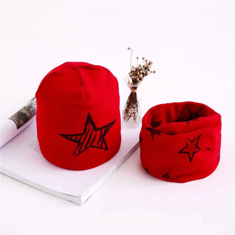 Весенне-осенняя шапка для девочек, шарф, комплект с рисунком совы, звезды, лебедя, Детские шапочки, комплект из 2 предметов, хлопковая детская шапка, шейный платок - Цвет: star red