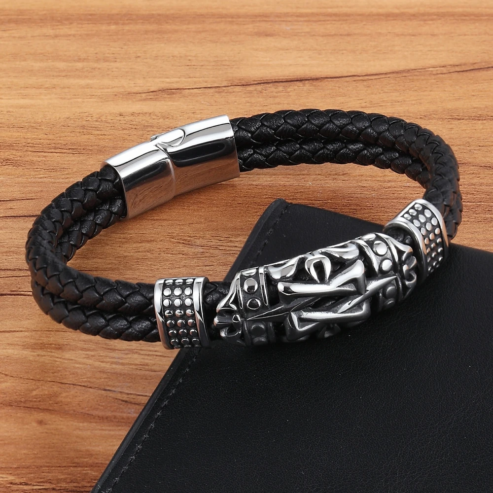 TYO Classic Men Jewelry Leather Bracelets Stainless Steel Bracelets Black Rope Chain Fashion Wristband for Male Magnet
